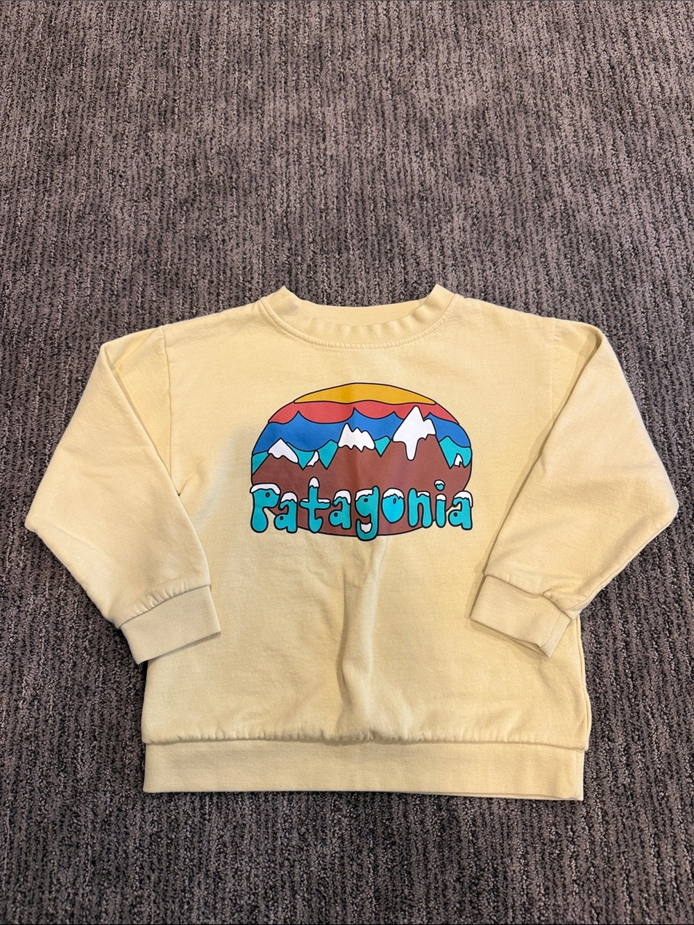 Patagonia Kids Pale Yellow Graphic Sweatshirt with Colorful Mountain Logo